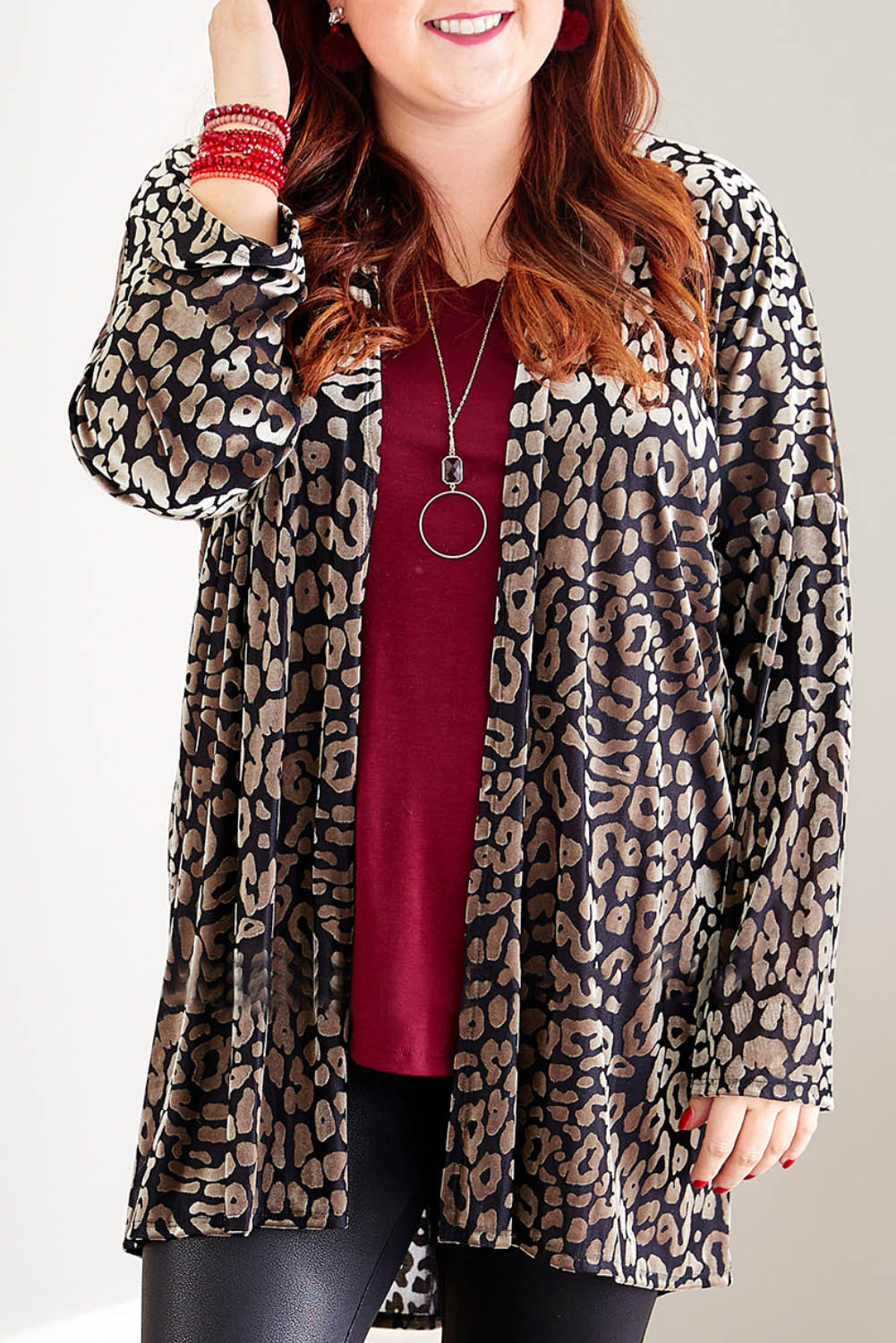 Print Open Front Plus Size Cardigan