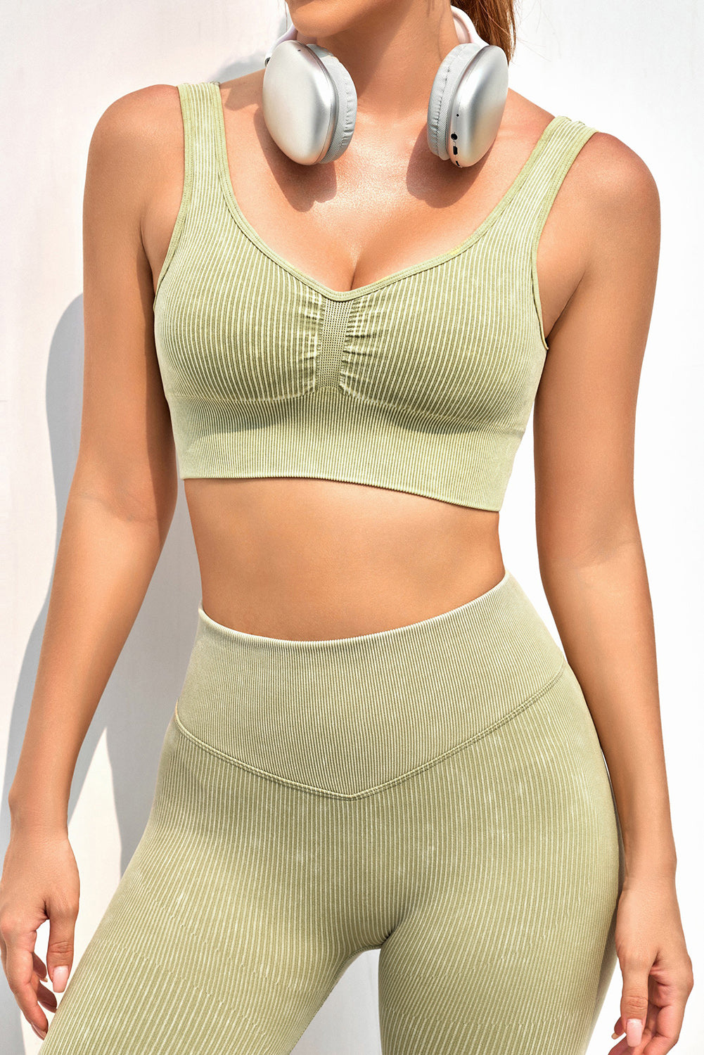 Plain Ribbed V Neck Sports Bra