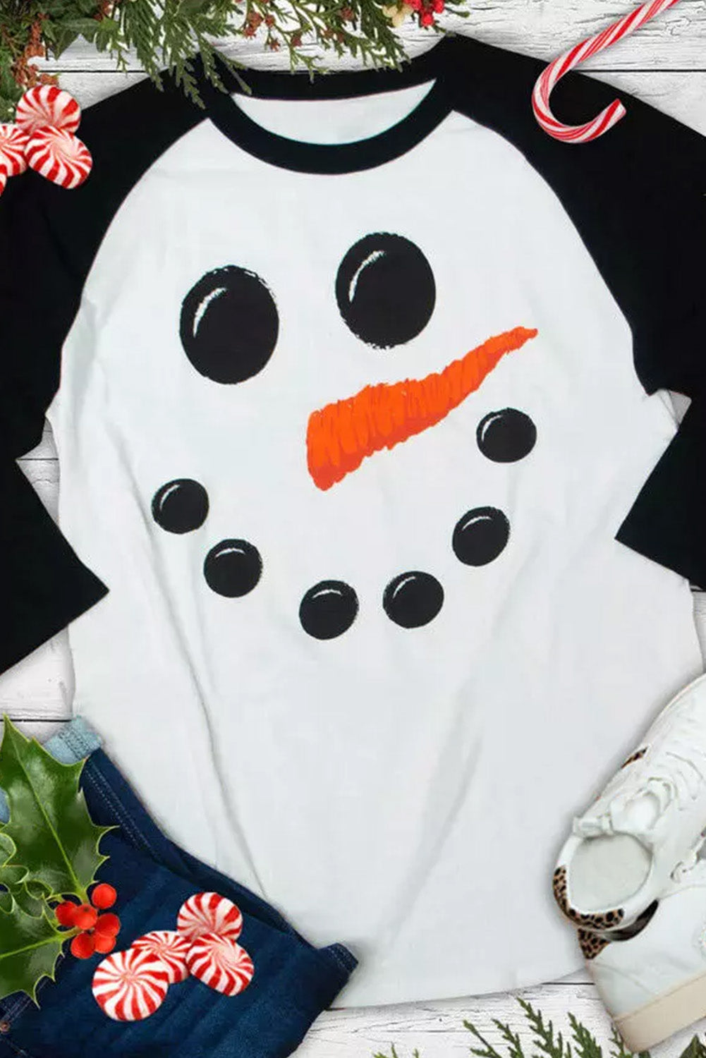 Christmas Snowman Face Print Color Block Top