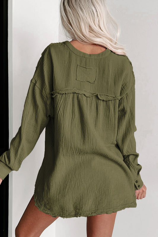 Green Crinkle Long Sleeve Distressed Split Henley Top