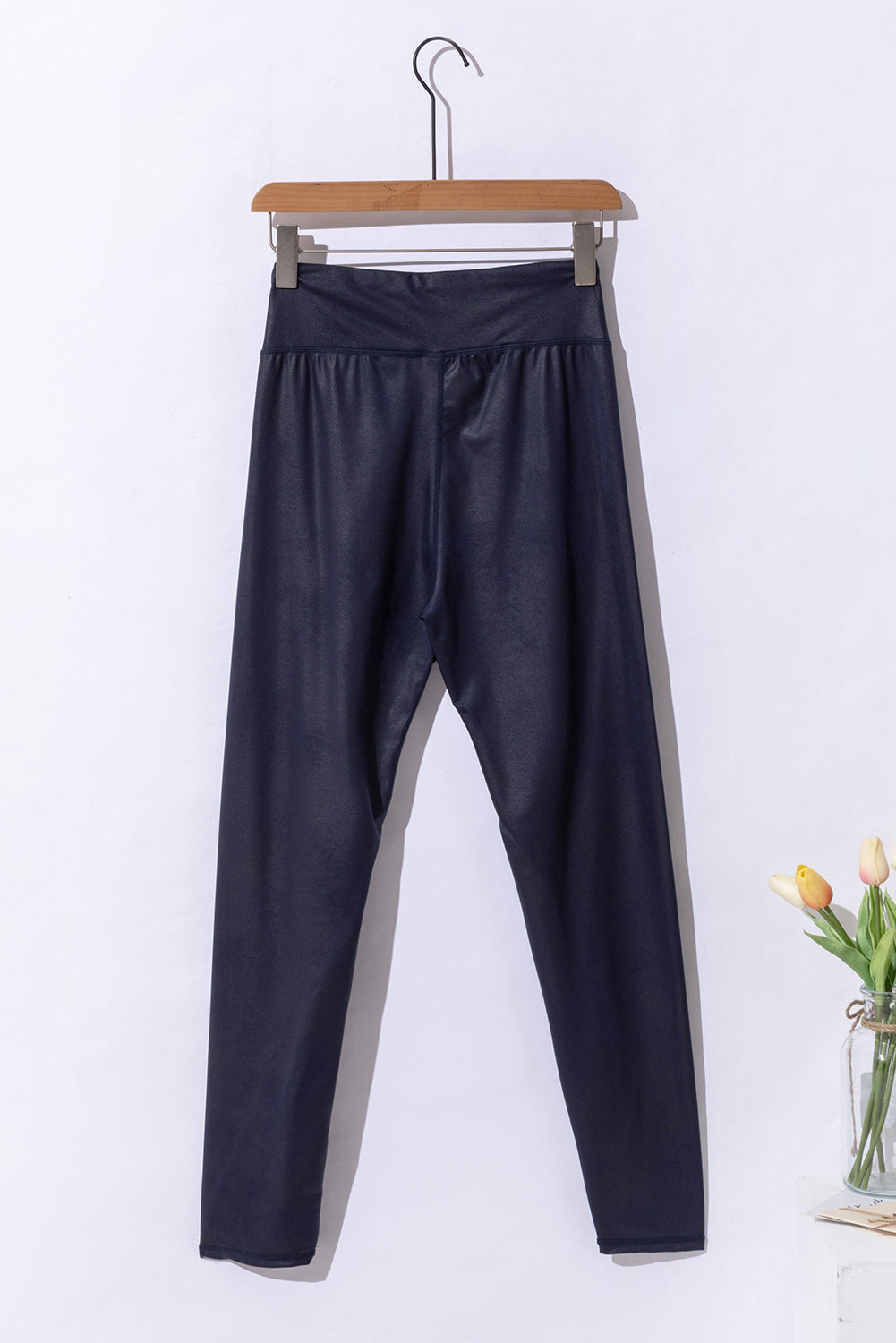 Black Crossed Dip Waist Sleek Leather Leggings