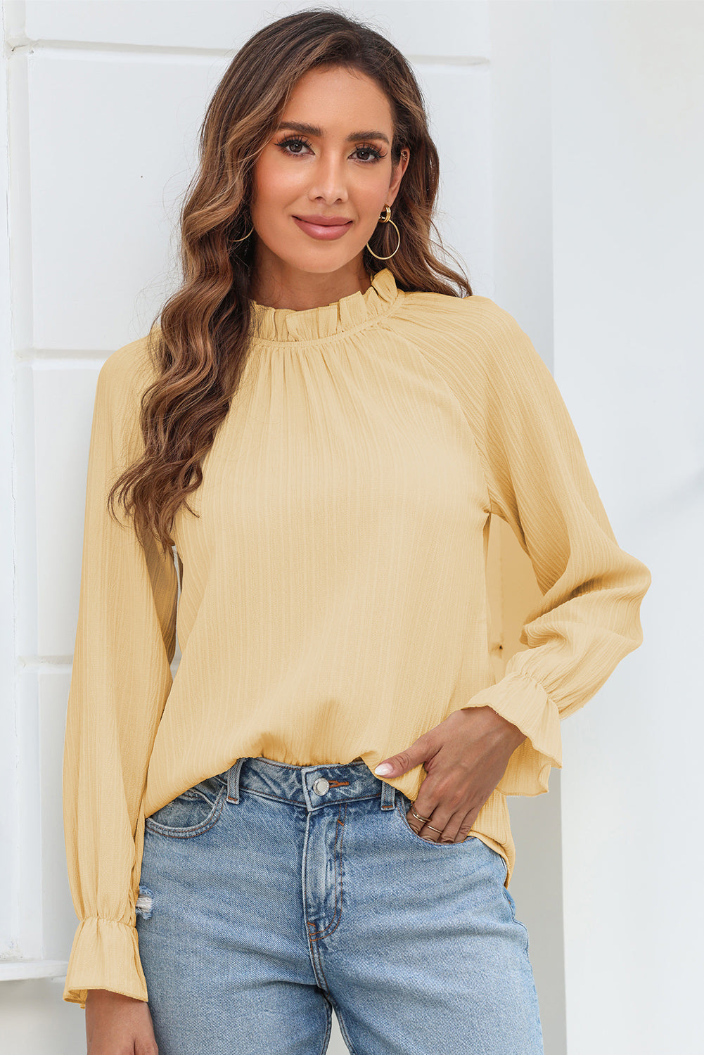 Frilled Mock Neck Ripple Bubble Sleeve Blouse