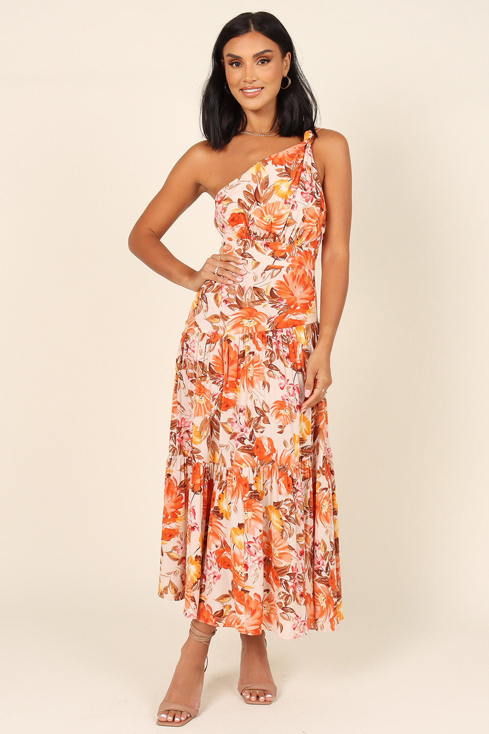 Floral Print Pleated One Shoulder High Waist Maxi Dress