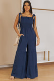 Black Tie Straps Shirred Bodice Tiered Wide Leg Jumpsuit