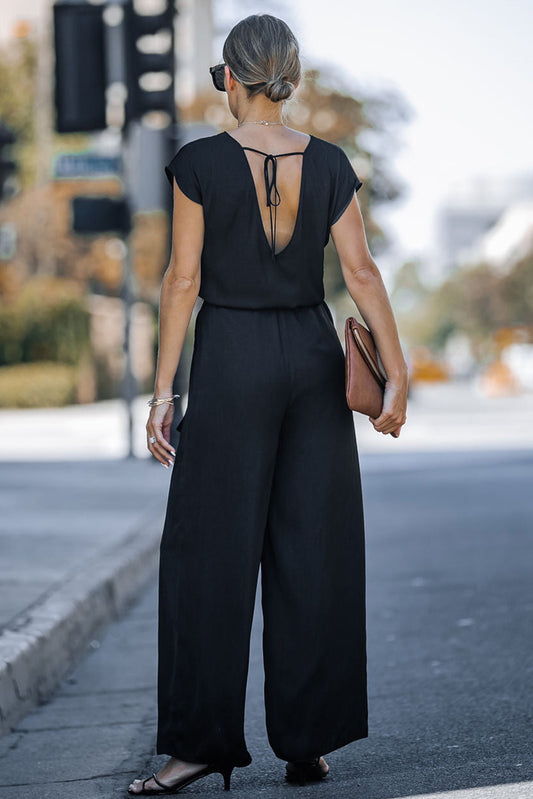 Sleeveless V Neck Belted Wide Leg Jumpsuit