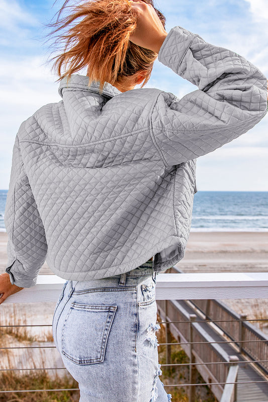 Gray Quilted Pocketed Zip-up Cropped Jacket