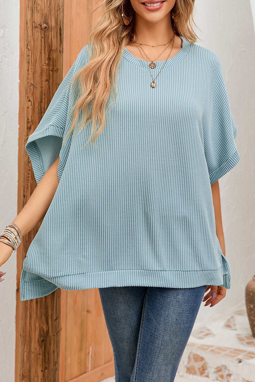 Ribbed Knit Batwing Sleeve Tunic Oversized T Shirt