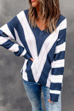 Blue Striped Colorblock V Neck Knitted Sweater