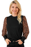 Black Leopard Print Long Sleeve Ribbed Knit Blouse