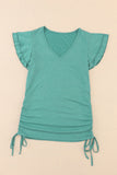 Ruffle Short Sleeves V Neck Drawstring Top