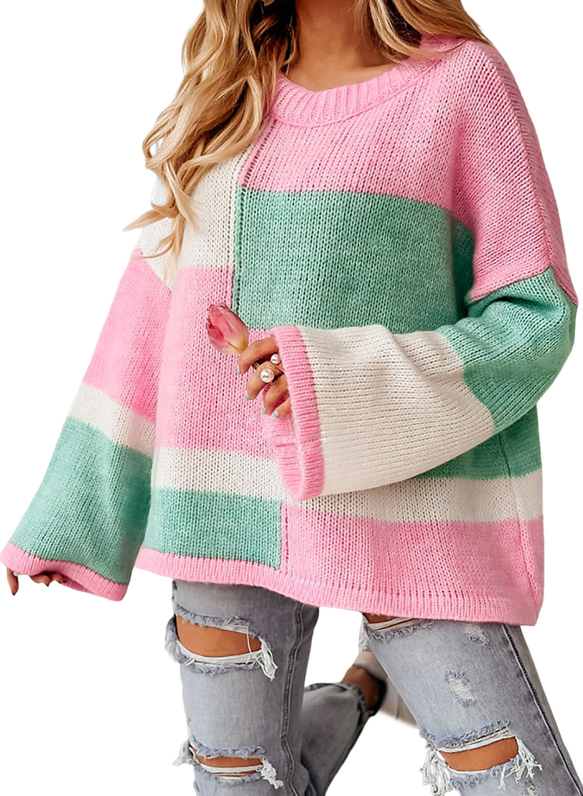 Colorblock Drop Shoulder Bell Sleeve Sweater