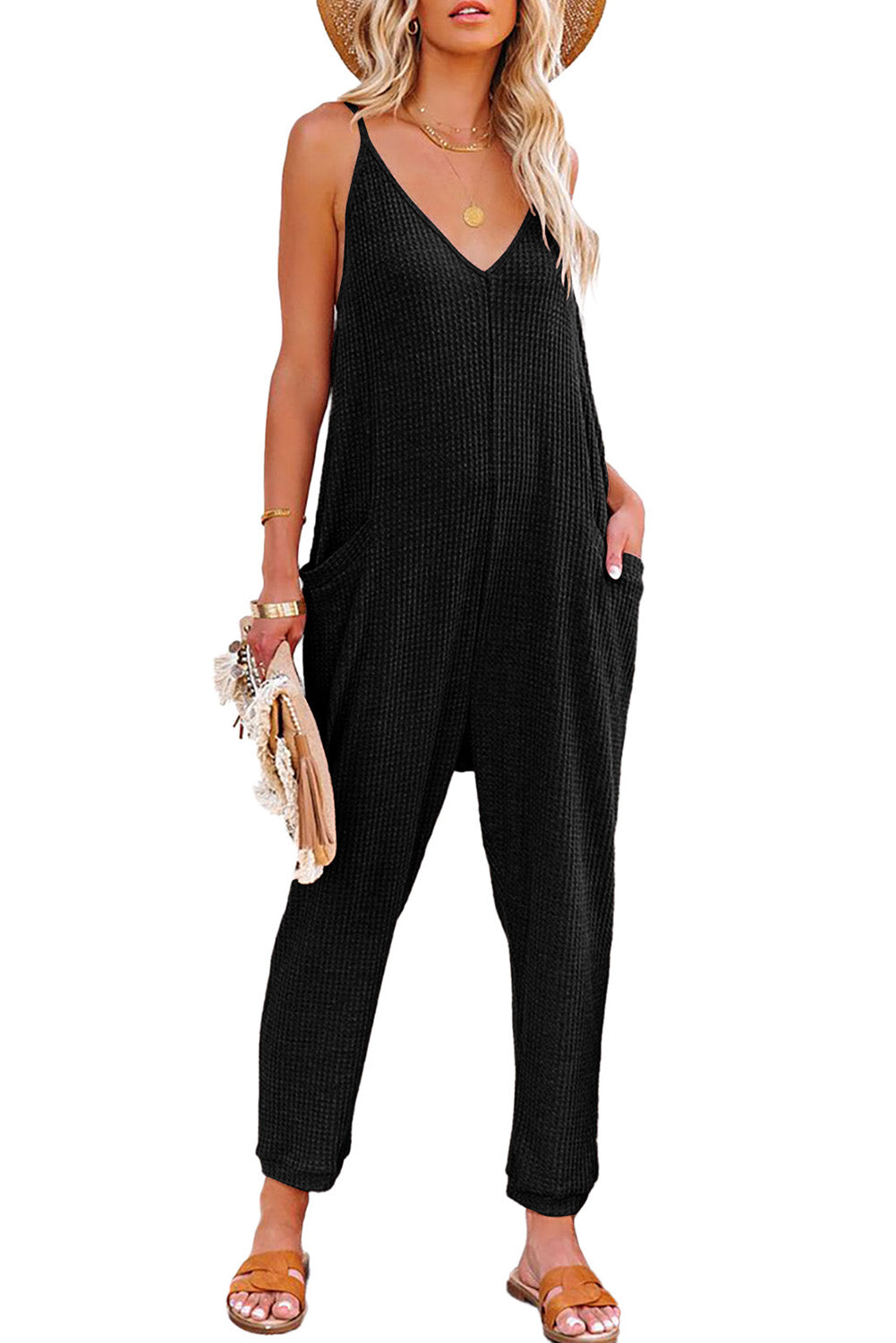 Textured Sleeveless V-Neck Pocketed Casual Jumpsuit