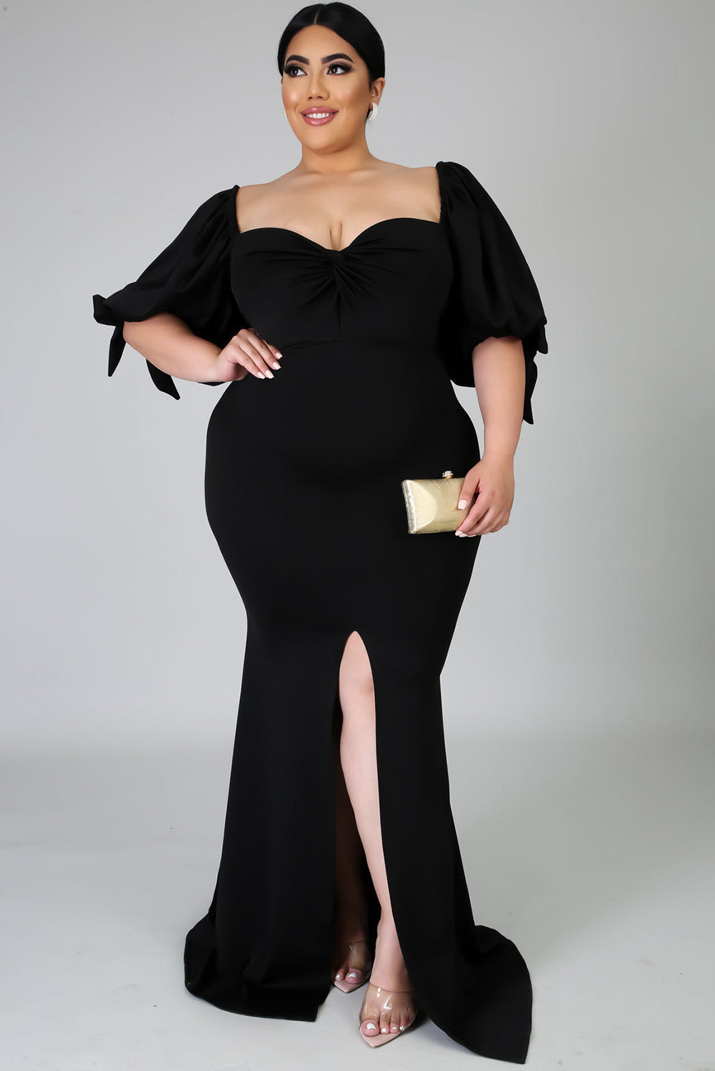 Robe longue noire avec nœud papillon et manches bouffantes, grande taille, fente haute