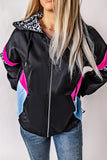 Black Leopard Color Block Pockets Zip-up Hooded Jacket