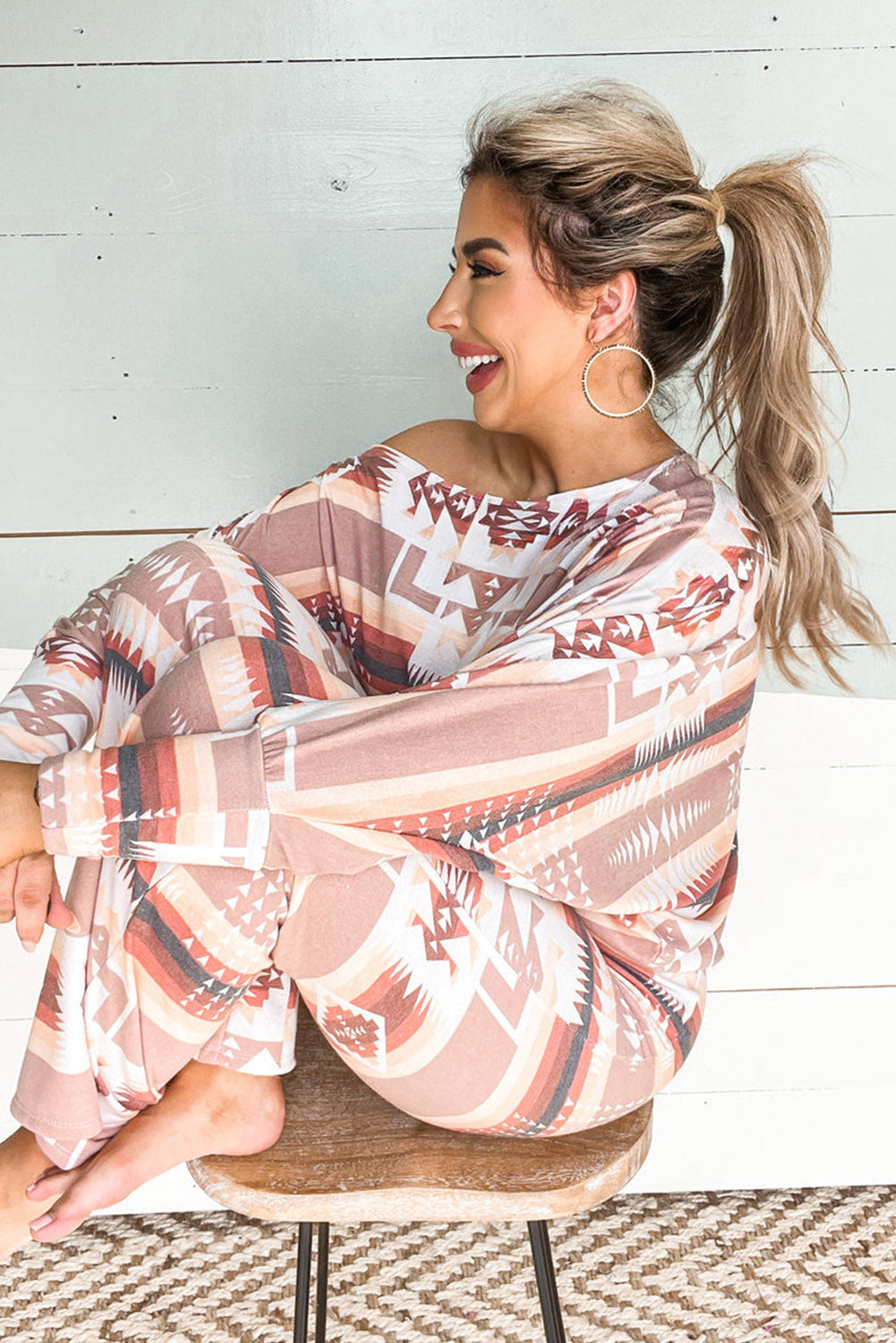 Aztec Print Puff Sleeve Pullover and Pants Lounge Outfit