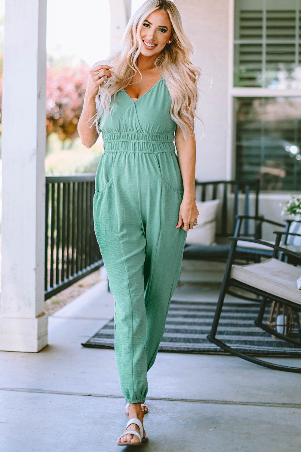 Shirred High Waist Sleeveless V Neck Jumpsuit