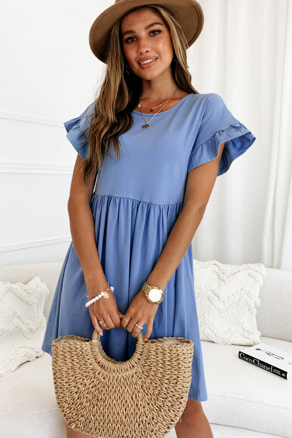 Round Neck Ruffle Sleeve Loose Dress