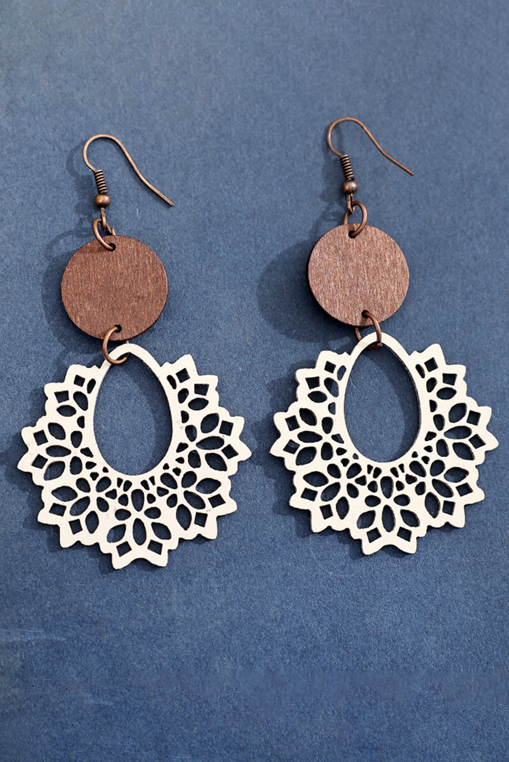 Hollowed Flower Round Wood Pendant Earrings