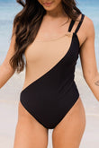 Double Straps One Shoulder Color Block Teddy Swimsuit