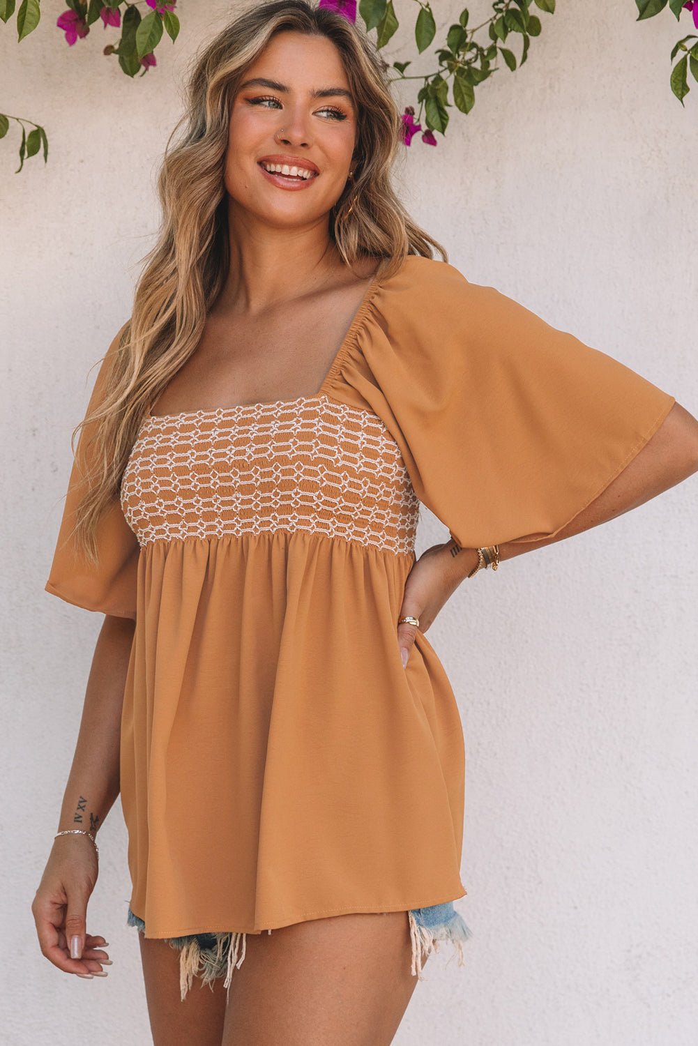 Square Neck Wide Sleeves Flowy Top