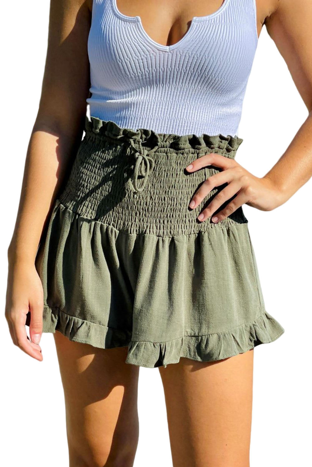 Smocked Wide Waistband Ruffled Casual Shorts