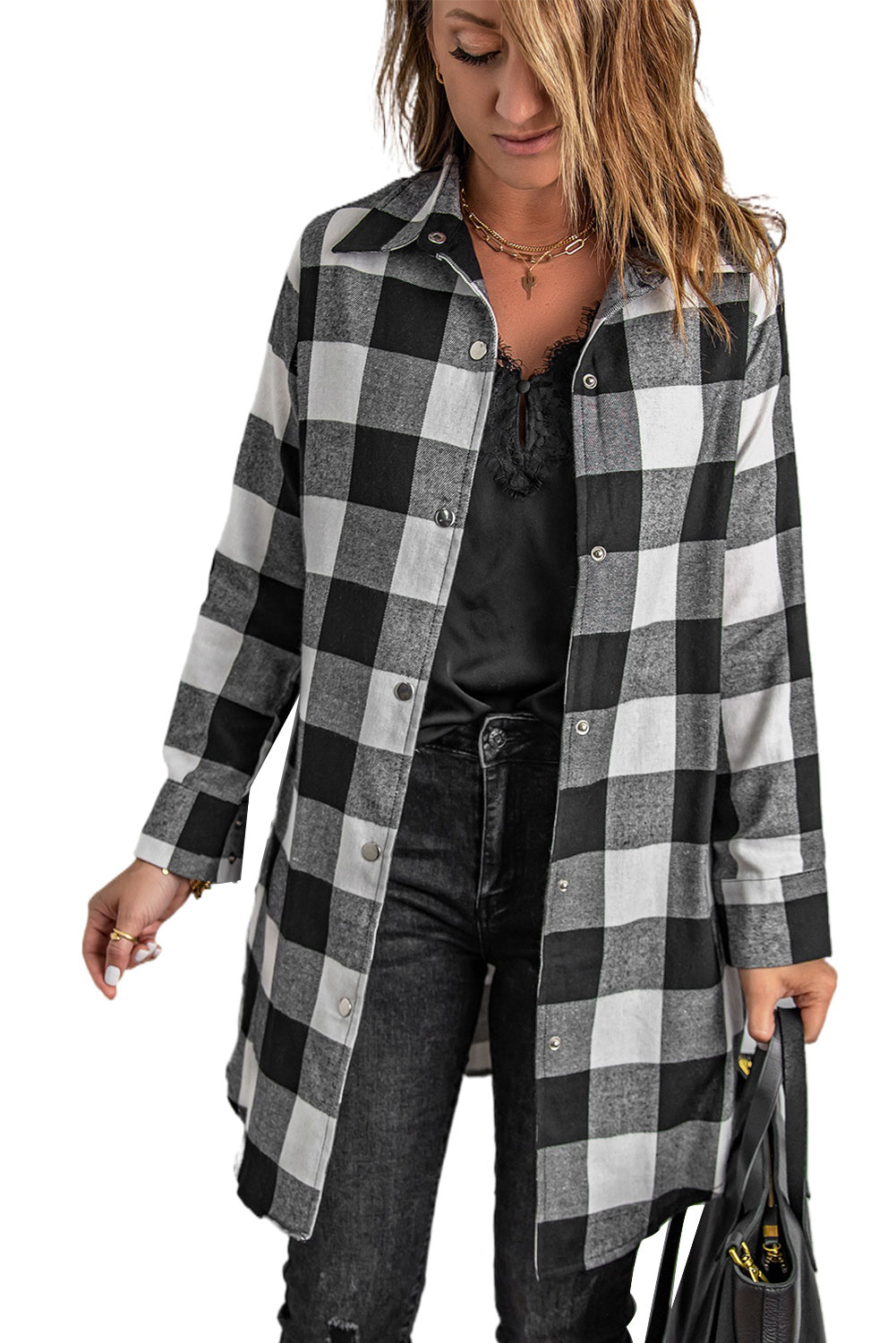 Brown Turn-down Collar Plaid Shirt Coat