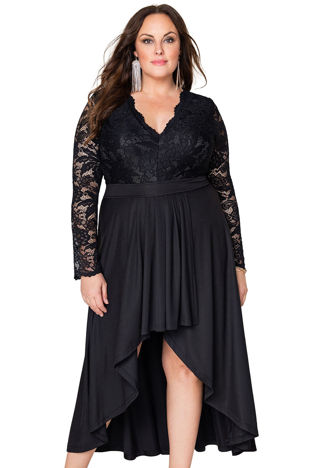 Plus Size High-Low Lace Contrast Evening Dress