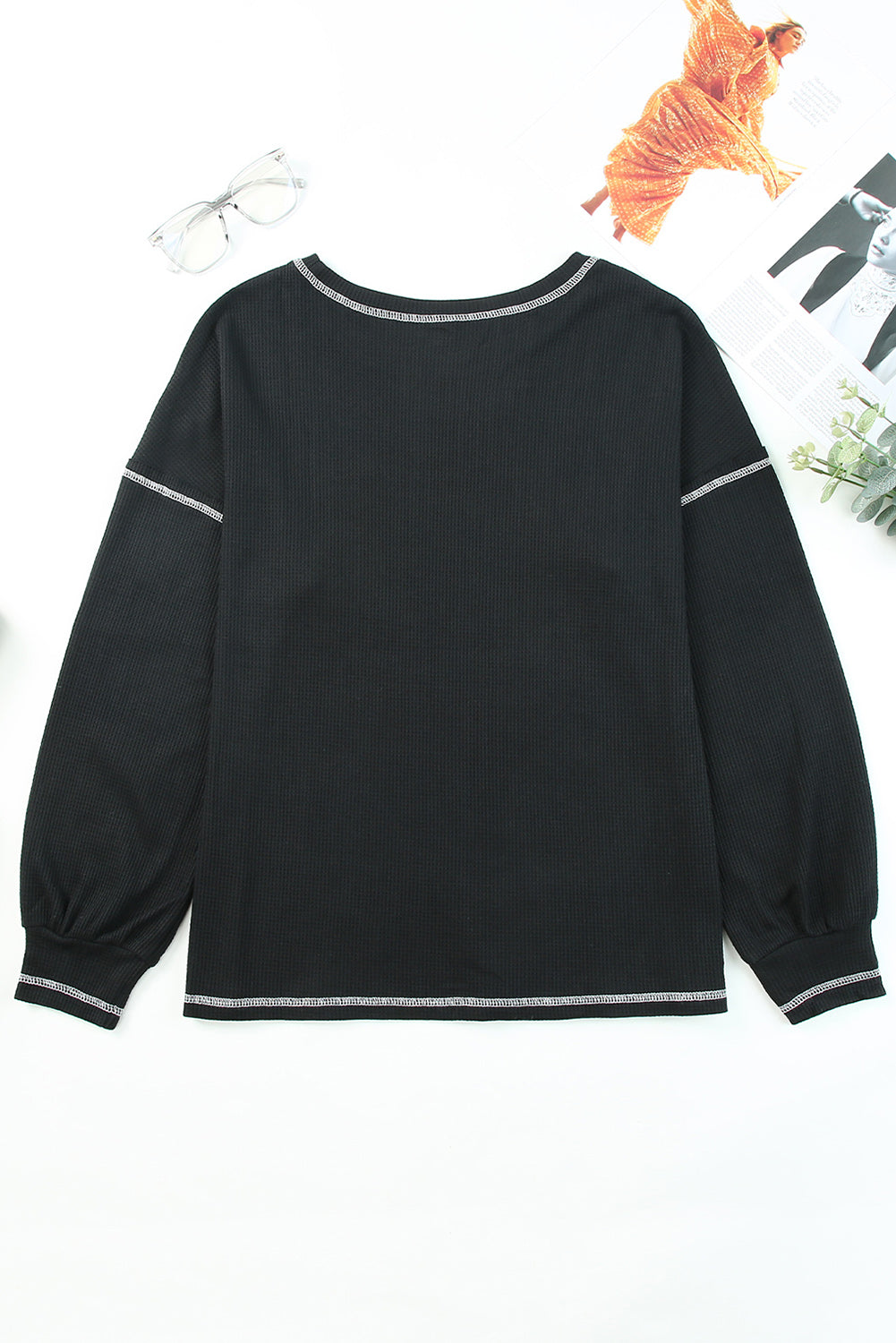 Contrast Stitching Trim Waffle Knit Pullover