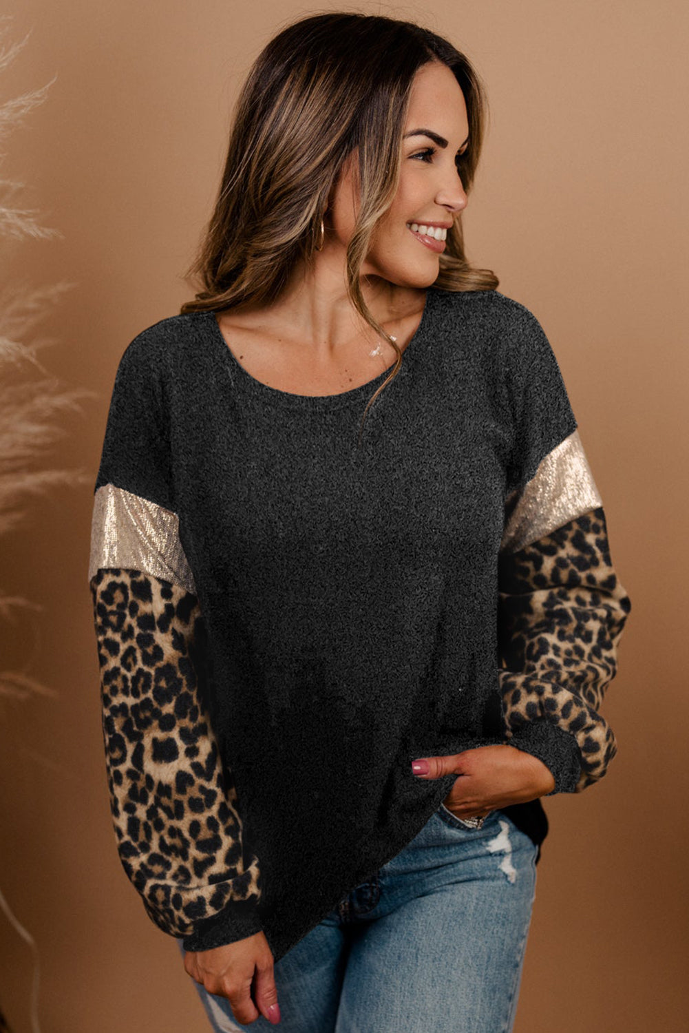 Plus Size Leopard Sequin Long Sleeve Top