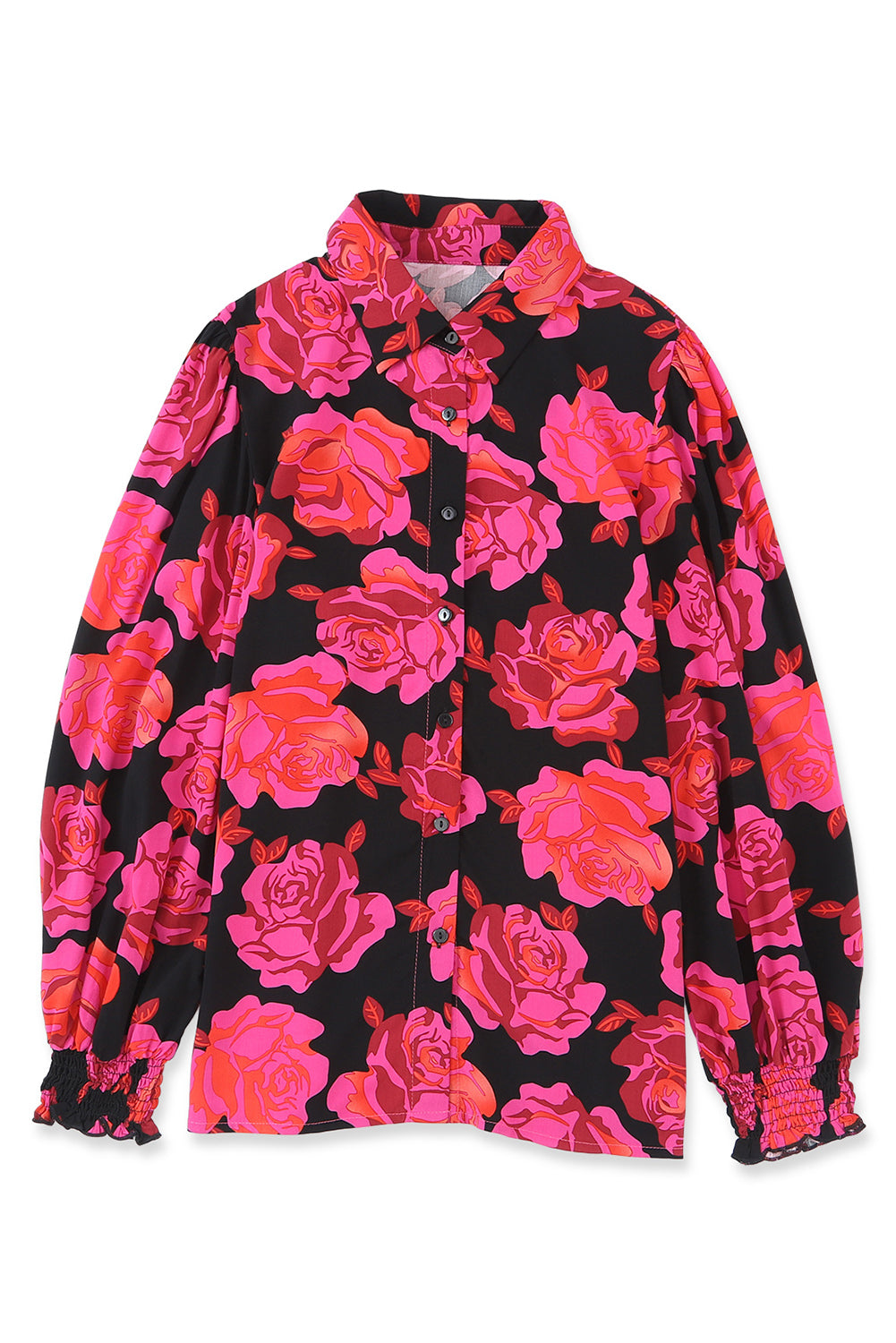 Chemise à manches longues et poignets froncés à fleurs roses