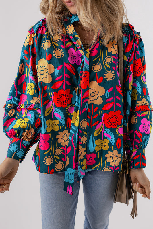 Green Floral Knot Split Neck Puff Sleeve Blouse