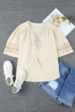 Tassel Drawstring Embroidered Half Sleeve V Neck Top