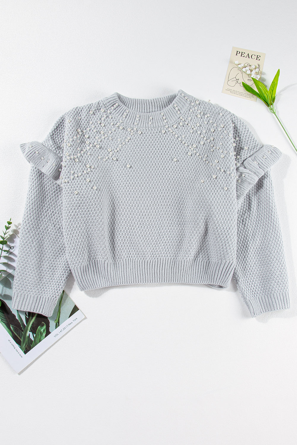 Gray Pearl Embellished Ruffle Wide Sleeve Sweater