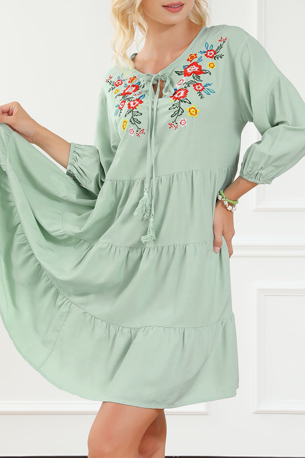 Green Floral Embroidery Tiered Ruffle Hem Dress