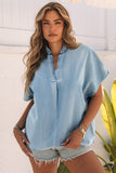 Split V-Neck Balloon Sleeve Ruched Denim Top