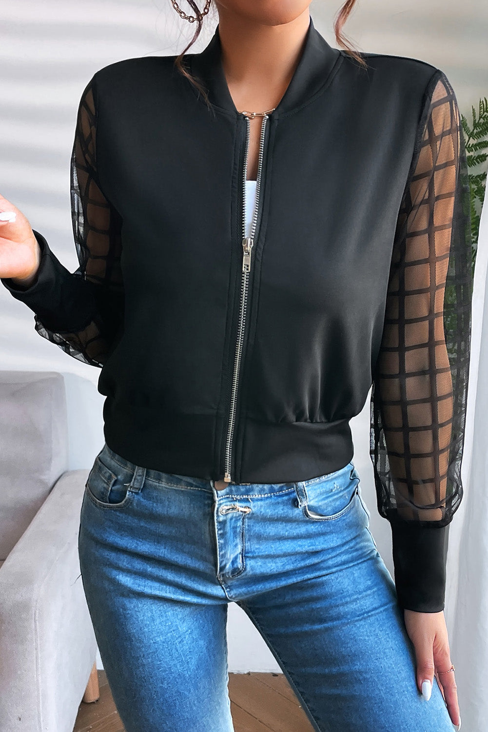 Latticed Mesh Sleeve Zip Up Bomber Jacket