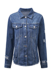 Sky Blue Lapel Distressed Raw Hem Buttons Denim Jacket