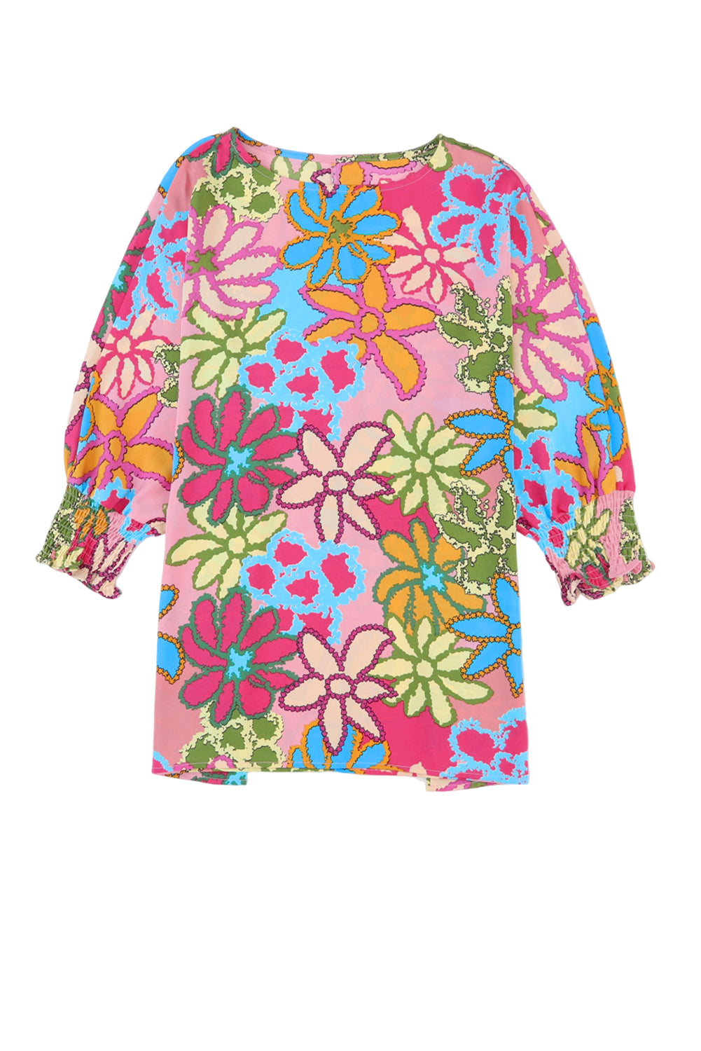 Multicolor Vibrant Floral Print Trimmed Ruffle Sleeve Blouse