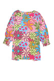 Multicolor Vibrant Floral Print Trimmed Ruffle Sleeve Blouse