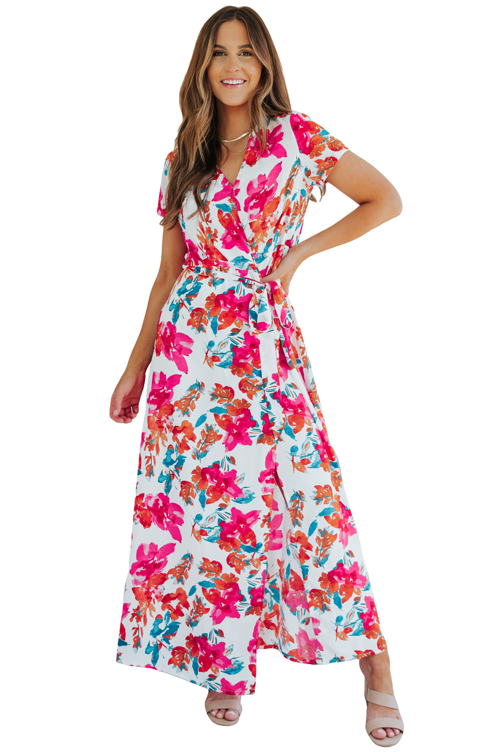 Robe longue florale à manches courtes et col en V Rose