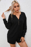 Dark Green Brushed Ribbed Button Split V Neck Long Sleeve Romper