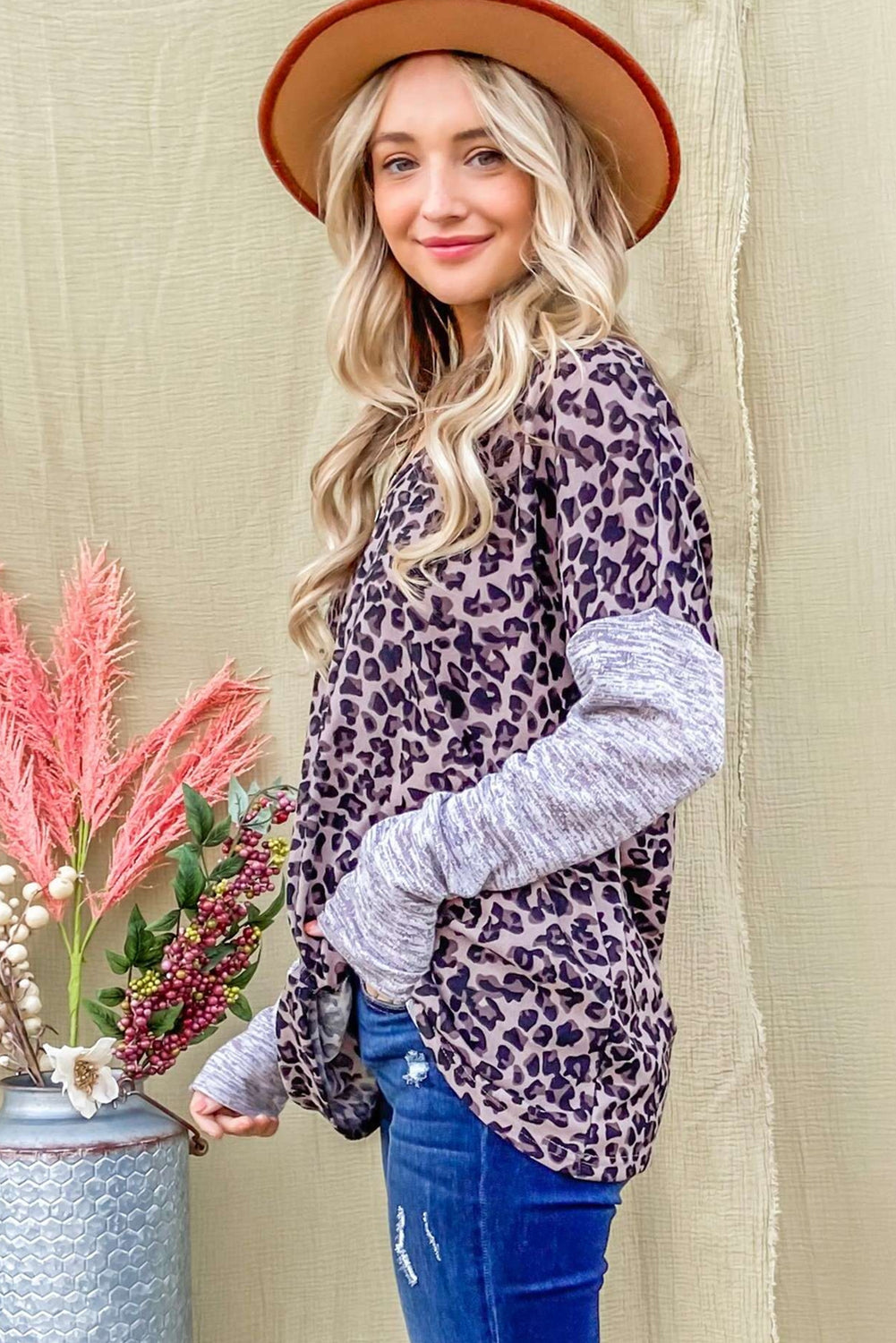 Leopard Print Drop Shoulder Patchwork Sleeve Top