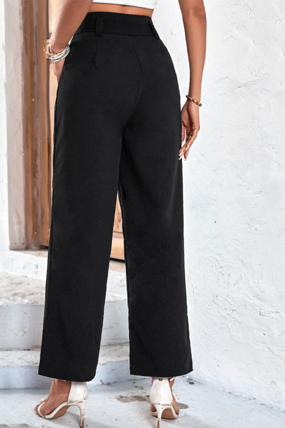 Solid Color Tie Waist Wide Leg Pants