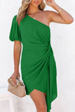 Asymmetric Bubble Sleeve Twist Knot Wrap Dress