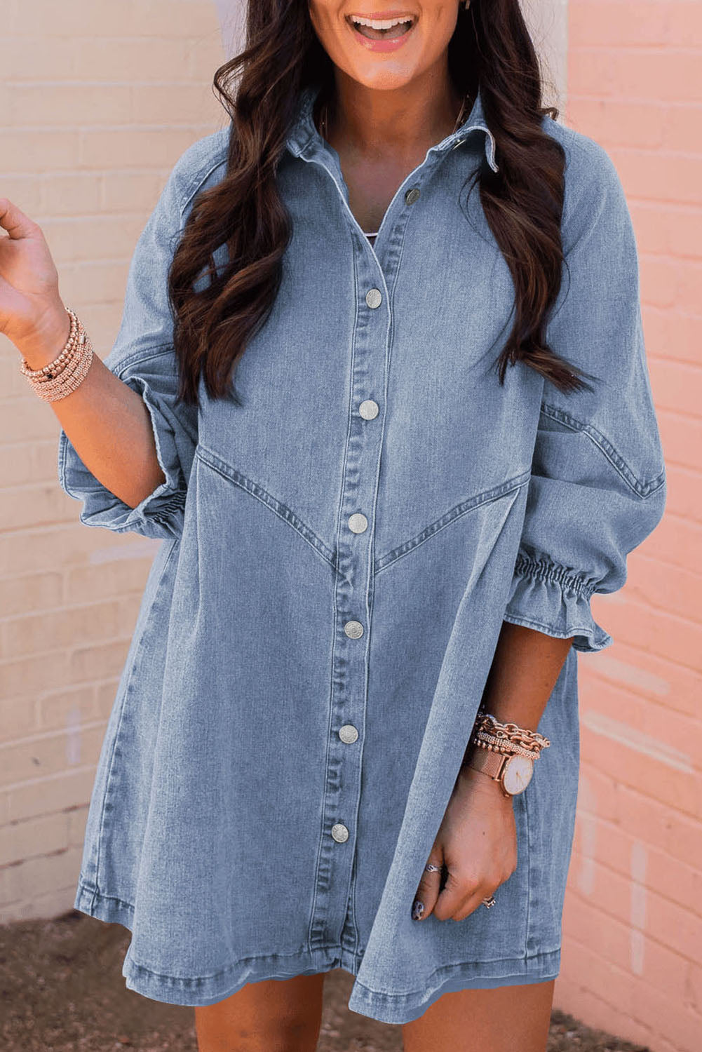 Buttoned Long Sleeve Denim Mini Dress