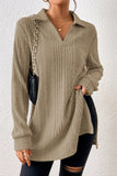 Ribbed Knit V Neck Collared Split Hem Tunic