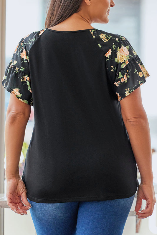 Floral Ruffle Sleeve Plus Size Top