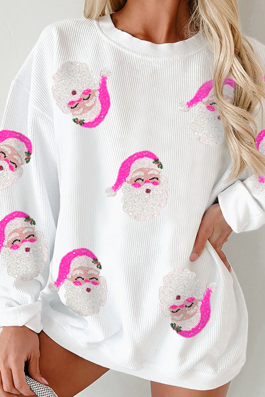 White Sequin Father Christmas Ribbed Oversized Graphic Sweatshirt