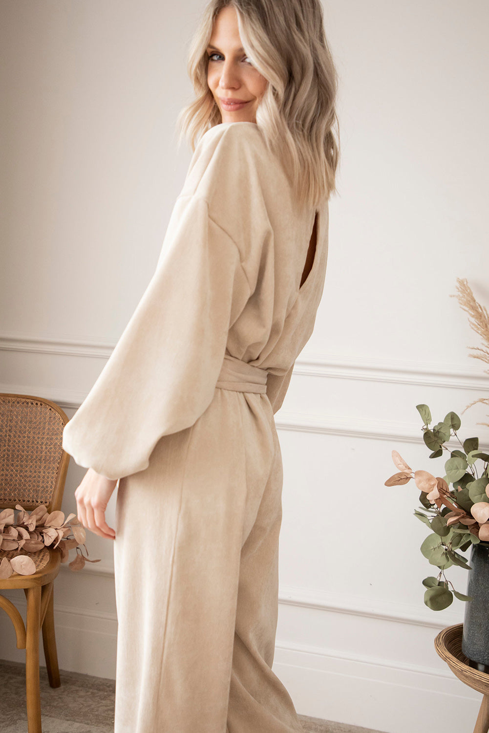 Keyhole Back V Neck Tie Waist Loose Jumpsuit