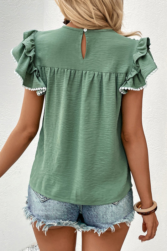 Pleated Pom Pom Trim Ruffled Sleeve Blouse